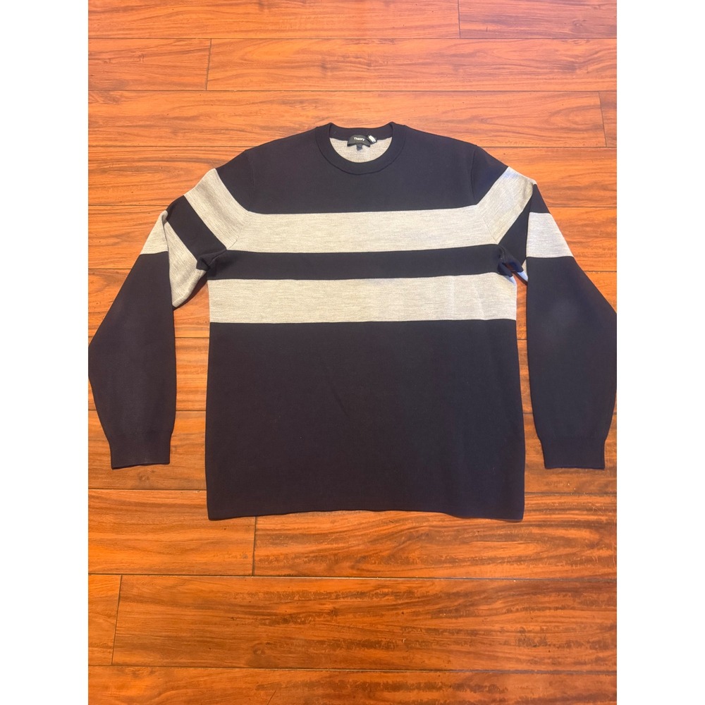 Theory Arnaud Crewneck Sweater Navy Grey Striped Merino Wool L0881717 Mens L